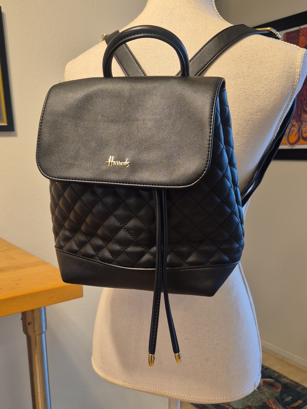 Harrods Quilted Black Backpack Textured Diamond Pattern Gold Tones - Picture 5 of 11